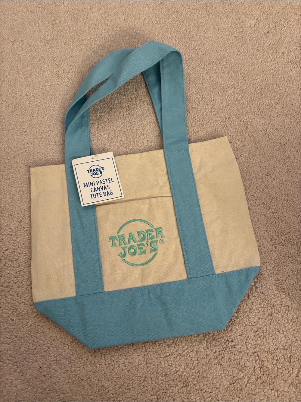 Trader Joe's Mini Pastel Canvas Tote Bag in Cream and Light Blue NWT